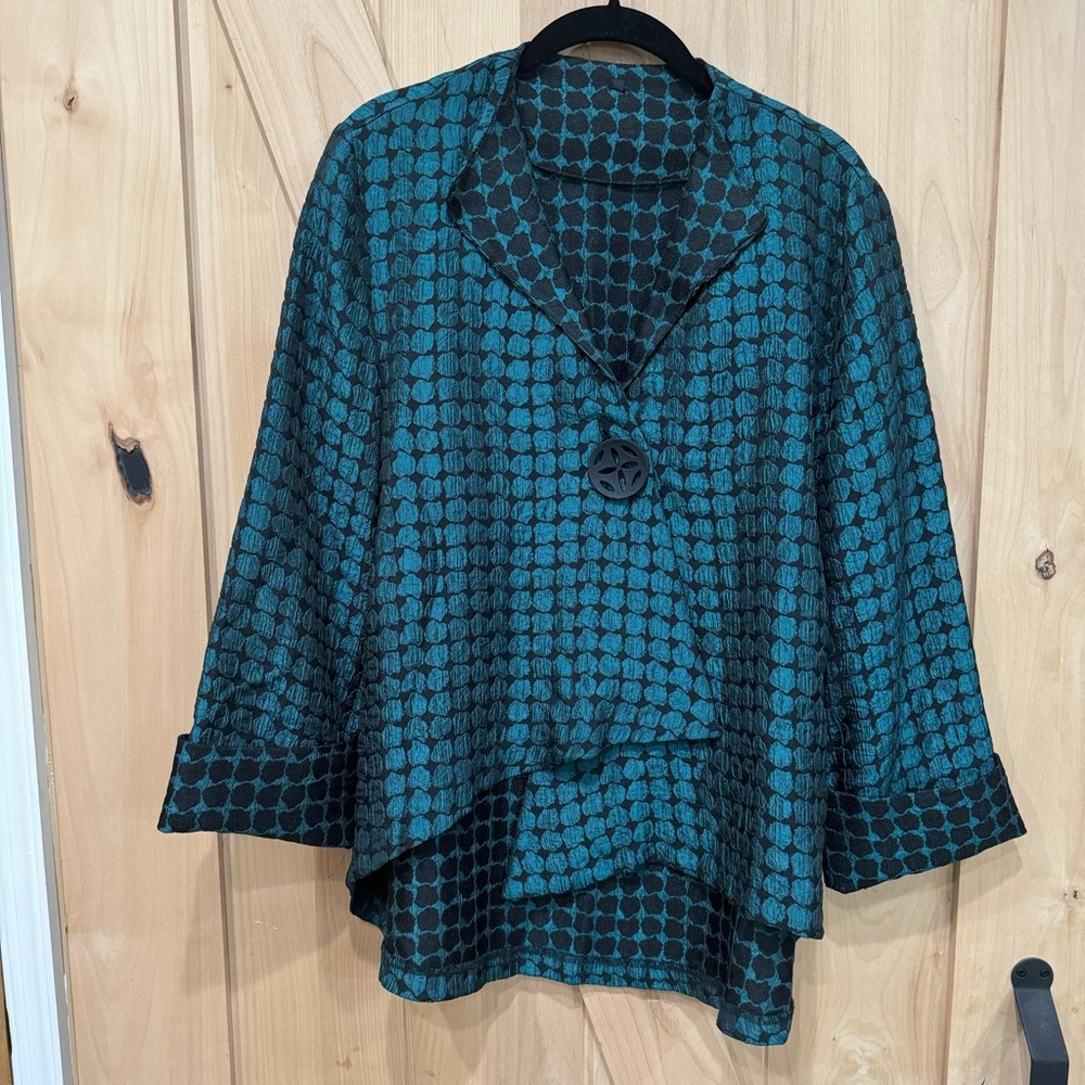 Connie K IC Drape Jacket Blazer Size Small Oversized Polkadot Green Black Boho